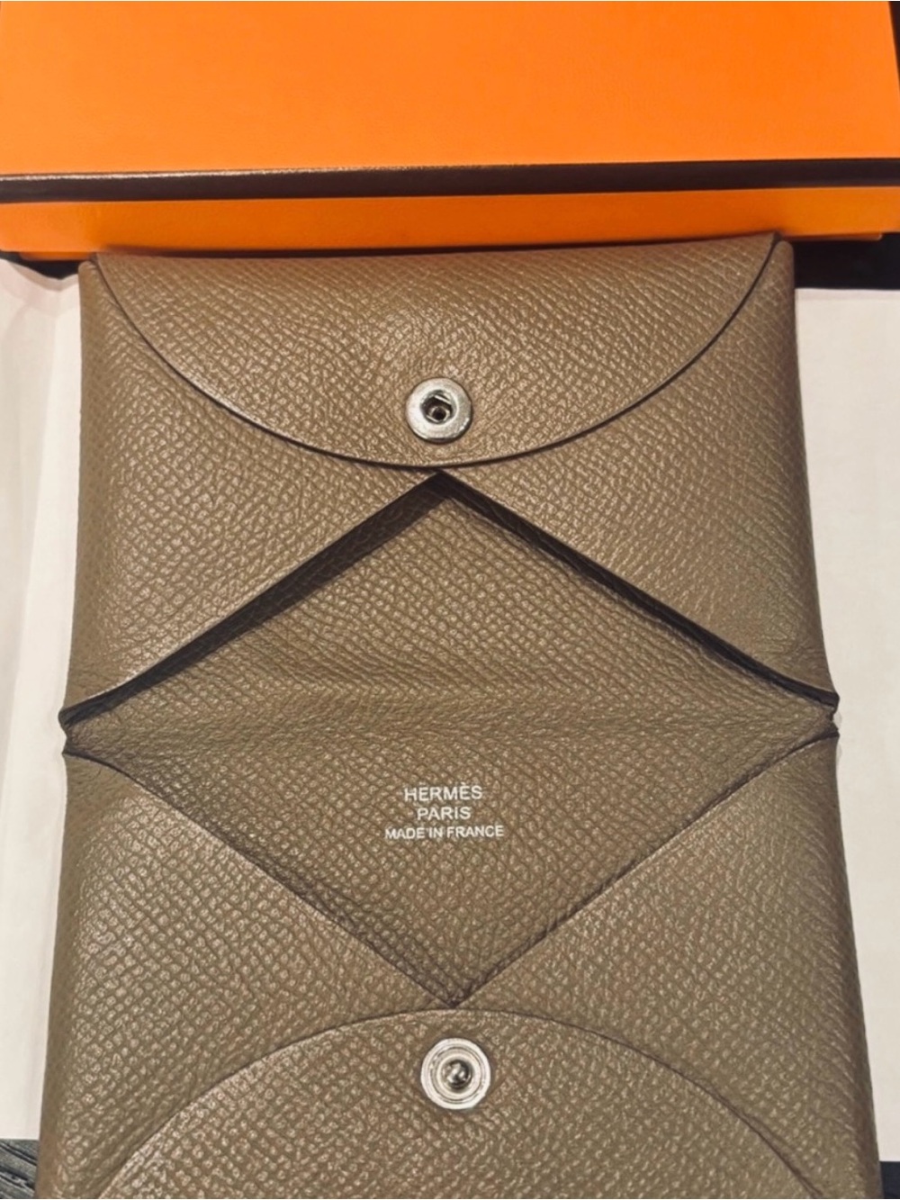Hermès Calvi Card Holder Etoupe Epsom Leather Wallet Authentic